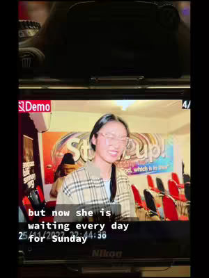 The video cover shows a woman in a plaid shirt and glasses smiling. The background is a church event. A text overlay is present with the quote and time information.