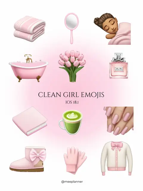 A collection of clean girl emojis are arranged on a pink gradient background. Emojis include a pink bathtub, a bouquet of pink tulips, a sleeping face, pink gloves, a book, a sweater, and other beauty-related items. The text "CLEAN GIRL EMOJIS IOS 18.1" is written in the center.
