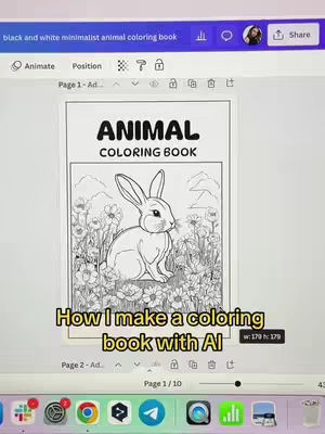 The cover shows a laptop screen displaying a page from an animal coloring book. The book cover displays the title "ANIMAL COLORING BOOK" with a picture of a rabbit in the center, surrounded by flowers. A text overlay at the bottom states "How I make a coloring book with AI". The laptop is surrounded by the operating system and some other apps.