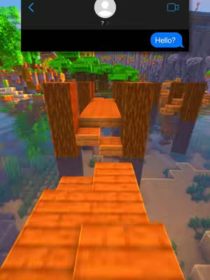 The cover image shows a Minecraft scene. A phone screen overlay is placed on top, displaying a text conversation. One speech bubble says 'Hello?'. The background is a Minecraft environment.