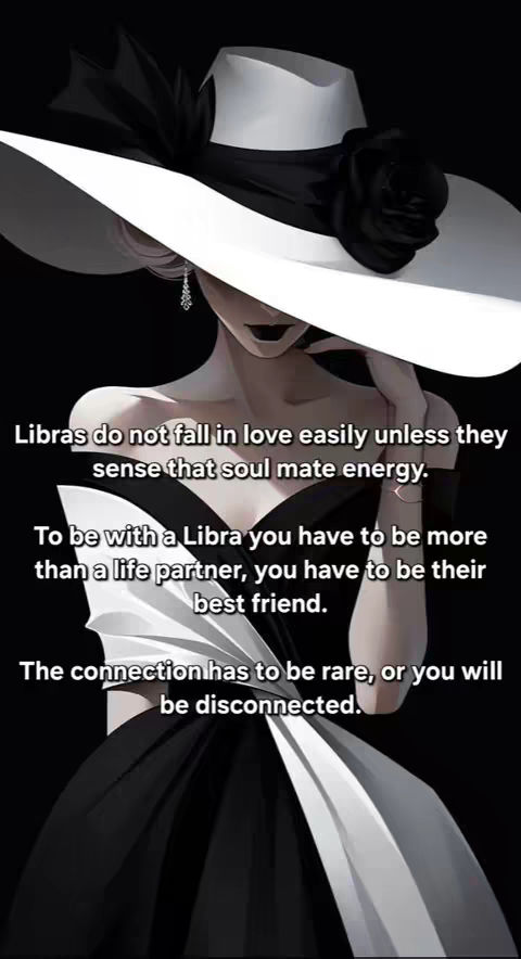 An illustrated image showing a woman in a black and white outfit and a large, white hat with a black rose. The background is black. Text overlays describe Libra personality traits.