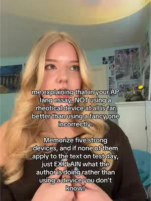 A woman with long blonde hair is looking up and to the side. The background is blurred but appears to be a room with a blue wall and pictures. Text overlays explain AP language essay tips.