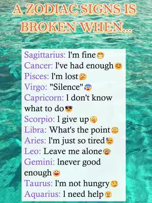 The cover image shows a light blue background resembling water, with a textured pattern. Overlaid on it is a white rectangle containing a list of zodiac signs and their associated phrases, along with various emojis. At the top of the image there is the text "A ZODIAC SIGNS IS BROKEN WHEN..." in a stylized, orange font.