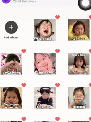 The cover image is a grid of nine square-shaped sticker images. The layout is set against a plain, off-white background. Each sticker contains a different image of a young child making various emotional expressions, such as crying, laughing, and giving thumbs up. Text overlays on some stickers include phrases like 'Tolonggg' and 'Bayy sayang'. Red heart icons appear beside each image.