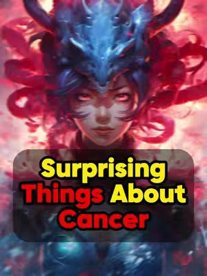 A digital art image features a female figure with a fantasy aesthetic. She has detailed features, red eyes, pale skin and deep blue and red hair. She is wearing a horned headpiece, and the background contains swirly patterns. The image has a text overlay on the bottom which is "Surprising Things About Cancer".