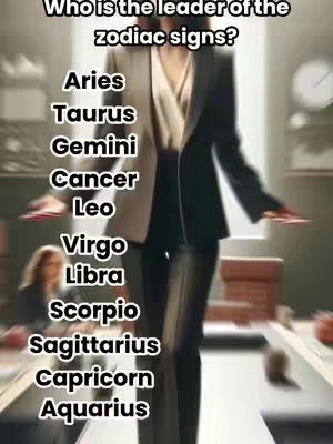 A blurred image of a person in a business suit standing indoors. Text overlays list the zodiac signs around the person. The person appears to be gesturing with their arms spread.