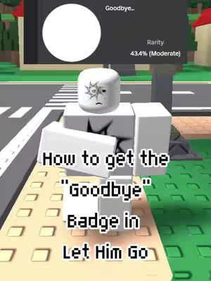 A Roblox avatar with a sad face is centered above text that reads how to get a badge.