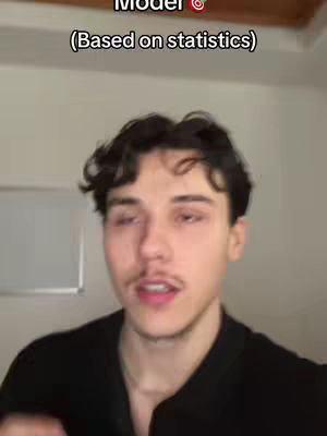 A medium shot shows a young man with short, dark, curly hair and a slight mustache. He's wearing a dark shirt in front of a plain, light-colored wall. Text overlays frame his head: "Model", with a target symbol next to it, and "(Based on statistics)" underneath.