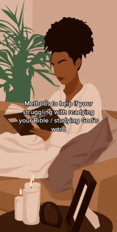 An illustrated image depicting a woman of color reading the Bible on a couch, with candles on a nearby table, and text overplayed.