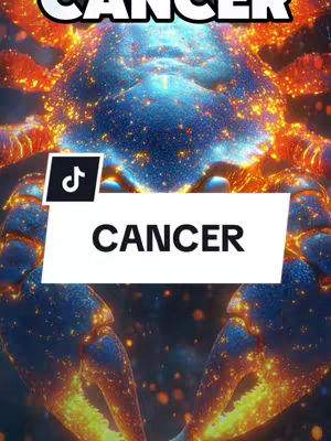 A digital art design features a blue crab surrounded by fiery orange and yellow lights. The crab is the central focus, rendered with intricate details and a cosmic, glowing effect. The background is a deep, dark space, with small stars and light particles emphasizing the celestial theme. Text overlays in various styles include the word 'CANCER' in bold white font and several social media icons, suggesting the theme of astrology and horoscopes.