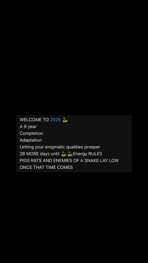 A black background with a rectangular text box in the center. The text box is filled with white text with a few green snake emojis interspersed. The text provides a forecast for the year 2025, with phrases like 'Completion', 'Adaptation', and a warning.