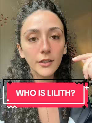 A woman with curly dark hair looks towards the camera with a neutral expression. She touches her face and points towards the hook text. The hook text reads “WHO IS LILITH?” on a red background with black borders.
