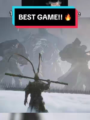 The cover image features a dynamic scene from a video game, showcasing a character in the forefront holding a staff, facing several massive, ominous figures. Above, the creator is visible in a small inset, wearing a headset. The words 'BEST GAME!!' with a fire emoji are prominently displayed.