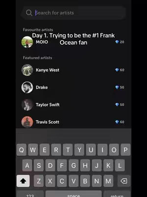 The cover image shows a smartphone screen displaying the Spotify app. The screen shows a search bar at the top, followed by 'Favourite artists' with Frank Ocean highlighted, and a few other artists listed below. The background is black. The image includes a partially visible keyboard at the bottom.