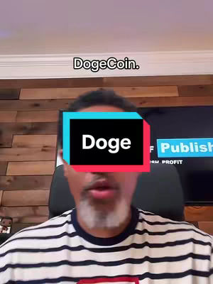 A man sits in front of a wooden panel background. A text box with a rectangular shape is covering his face. Overlay text at the top says 'Dogecoin'.