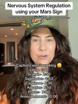 A woman with long wavy hair and a green cap is looking directly at the camera.  Above her head is a white text banner. Below are text overlays with timestamps next to horoscope sign names.  She is in a well-lit interior.