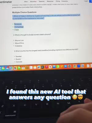 The image shows a laptop screen displaying multiple-choice questions, with a hand partially visible near the keyboard. The text overlayed in the image reads "I found this new AI tool that answers any question"