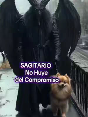 An ominous figure dressed in black with large wings and horns walks on a wet city street, holding a leash attached to a fluffy dog. Text overlays feature prominently.