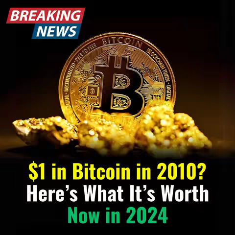 A visually striking image featuring a gold Bitcoin coin, likely a digital representation, prominently displayed. The coin is the focal point, set against a dark background that enhances its golden color. Accompanying the Bitcoin are what appear to be gold nuggets at the bottom of the frame. Overlayed text in the center of the image poses a question related to the coin's value over time, specifically referencing the year 2010 and now 2024. The text is in vibrant yellow and white colors. The top left corner includes a Breaking News banner in a combination of red, blue, and white. Overall, the composition is designed to attract attention and communicate financial insights or news.