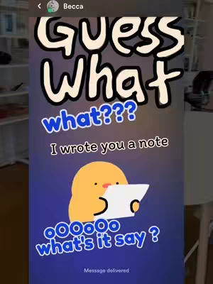A vertical cover image displays an animated graphic set against a gradient background. The background transitions from a dark purple at the top to a lighter blue at the bottom. Overlaid on this are several text elements in white and blue, along with a cartoon character. The upper part of the image features the phrase "Guess What" in a bold, stylized font with a thick black outline. Beneath this, the word "what???" appears in a dynamic, curving font. A cartoonish, yellow character holds a rectangular paper and underneath are the words, "Ooooooo what's it say ?" in a wavy font, and at the bottom, "message delivered"