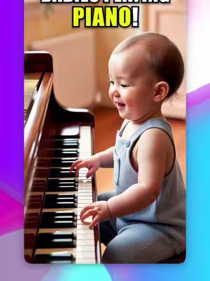 A cover image with a baby smiling while playing a piano. The baby, dressed in a light blue onesie, is seated in front of the piano and appears to be pressing the keys. The image has a bright, clean aesthetic. The words "BABIES PLAYING PIANO!" are overlaid at the top.