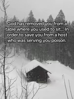 A black and white image of a snowy landscape with a small cabin in the middle. Text is overlaid on the image.