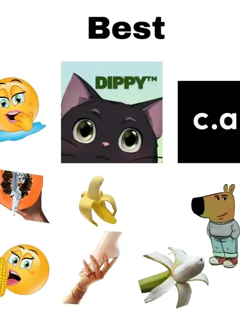 A collage-style image with the word 'Best' in bold, black text at the top, featuring various cartoon images and emojis. The central image is the app logo of Dippy, a black cat with green eyes. Other elements include emojis and images of fruits and a dog.