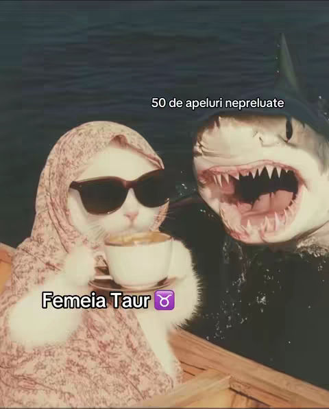 A whimsical image shows a white cat wearing sunglasses and a headscarf, holding a teacup, next to a shark with its mouth open, creating a humorous juxtaposition. Text overlays indicate the cat relates to the zodiac sign Taurus and a comment about unanswered calls.