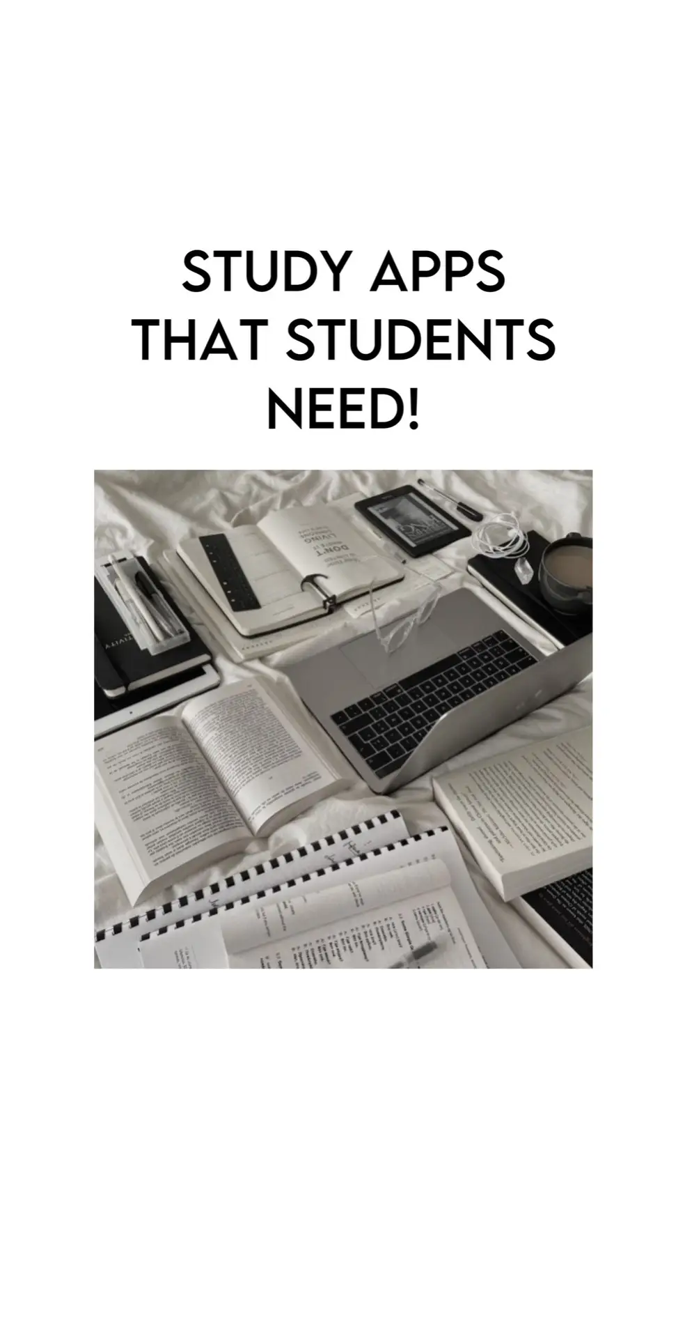 The cover image shows a well-lit study setup on a bed. Various school supplies like books, a laptop, notebooks, and pens are placed neatly on a white bedsheet, alongside an e-reader and a cup. The image has a clean, aesthetic look with a neutral color palette of whites and blacks.