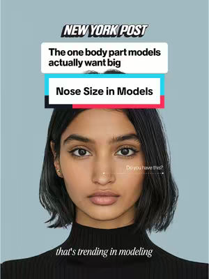 A portrait of a woman with short, dark hair, looking directly at the viewer. The background is a solid light blue. Overlaid on the image are text boxes with the New York Post logo, and the phrases "The one body part models actually want big" and "Nose Size in Models."