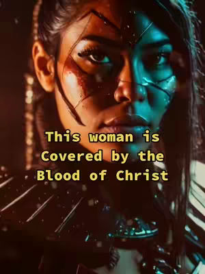 A close-up shot of a woman's face. The image is stylized with a fantasy or science-fiction aesthetic, as if the woman is wearing segmented armor and the background appears dark with subtle lighting effects. Text overlay reveals the message.