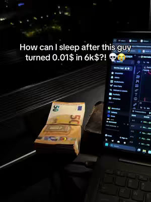 A nighttime scene featuring a laptop displaying a financial trading platform, a stack of Euro banknotes, and a view of city lights in the background. Text overlayed describes a financial gain.