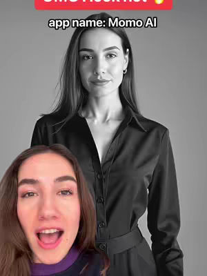 The image features a woman in the background wearing a black button-down shirt. Overlayed on the bottom left is another woman with an open mouth.