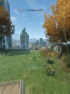 The video shows a first-person perspective of a parkour run in a video game, with a focus on the environment and gameplay. The image includes a grassy area, with stylized buildings in the background and parts of the in-game heads-up display. The sky is visible with some clouds.
