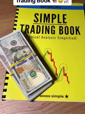 The image showcases a stack of hundred-dollar bills next to a yellow book titled 'SIMPLE TRADING BOOK' with a line chart. The book is open and the dollars are held together by a yellow rubber band. The chart shows three circled areas that are green, with red and green lines.