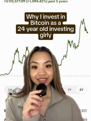 A young woman with long hair is shown in a selfie-style shot, holding a microphone close to her mouth. Behind her is a blurred background with a green line graph. Text overlays on the image mention Bitcoin.