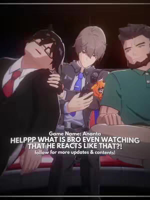 The image features three male anime characters in a group. The one in the middle is holding a phone looking concerned. The text overlay in the image has a white rectangular background, and the game name is on top.