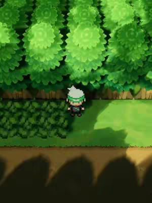 A scene from a pixelated video game is shown in a forest setting. A video game character is standing on a grassy path set in front of dense green foliage.