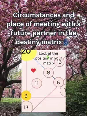 The image has a pink and green background with text overlayed. The background is a blurry view of a natural setting, possibly a park or garden, with blooming trees. The text is in a white font, and a circular numerology chart is placed in the center of the image. The chart has numbers and elements representing points in a destiny matrix.