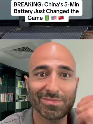 A man with a shaved head and a beard looks at the camera with wide eyes. Text at the top of the image reads, 'BREAKING: China's 5-Min Battery Just Changed the Game' with icons of a battery, the American flag, and the Chinese flag. The background is blurred, showing a room with a window and a piece of equipment.