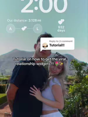 A couple is embracing in front of a background with green foliage and mountains. The time, distance, and days are also displayed. The main text overlay says, 'Tutorial on how to get the viral relationship widgets !!'.