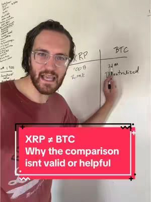 The cover image features a man in a maroon shirt and glasses standing in front of a whiteboard. The whiteboard is divided into 2 sections, one labeled XRP; the other one BTC with text written on it. Below the man is a red rectangle with white text overlay stating: XRP ≠ BTC, Why the comparison isnt valid or helpful.