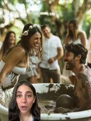 The cover image shows a scene from a wedding. In the background, there is a group of people, including the bride and groom, and a woman in the foreground. The bride, wearing a floral headpiece, and the groom are both happy and laughing while covered in mud.