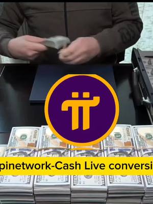 The image shows a man holding a wad of cash at a table with another stack of cash and a logo in the center. The color palette is warm with a focus on the money and the Pi Network logo.