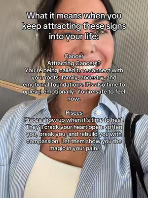 The cover image is a selfie-style shot featuring a woman with dark hair and a neutral expression. She is centered in the frame, with text overlaid on the image, detailing astrological insights. She wears a striped button-up shirt over a white top, suggesting a casual but presentable setting. The background appears to be an interior setting with a neutral gray wall, focusing attention on the woman and the textual content about astrology signs. The composition is clear, with enough space around the subject to draw the viewer's attention to the text.