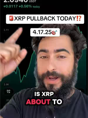 The image shows a man with a beard pointing upwards near a cryptocurrency graph. Text overlays include "XRP PULLBACK TODAY!?" and "IS XRP ABOUT TO."