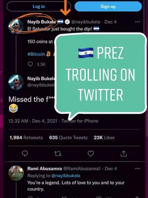 The cover image is a screenshot of a Twitter post. A speech bubble contains the words 'PREZ TROLLING ON TWITTER'. At the top, a Twitter profile is circled. Showing Nayib Bukele's profile, with the El Salvador flag next to his name and a checkmark. The post itself mentions 'El Salvador just bought the dip!'