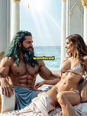 A digitally created image showing a muscular man with green hair and a beard sitting next to a woman in a white bikini. They are on a balcony with a bright blue sky and ocean in the background.