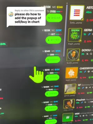 The image shows a computer screen displaying what appears to be a financial trading platform. Multiple data points are visualized in a grid-like layout, with green clickable buttons overlaid. A large, glowing green hand icon points to one of the data points. A text overlay in the upper left displays a comment with a question about adding a popup feature to the trading chart.