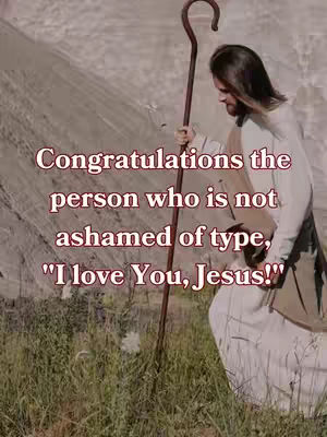 The image shows a man styled as Jesus, holding a staff, standing in a grassy field against a backdrop of a rocky hillside under a bright sky. Text promoting love for Jesus is overlayed.